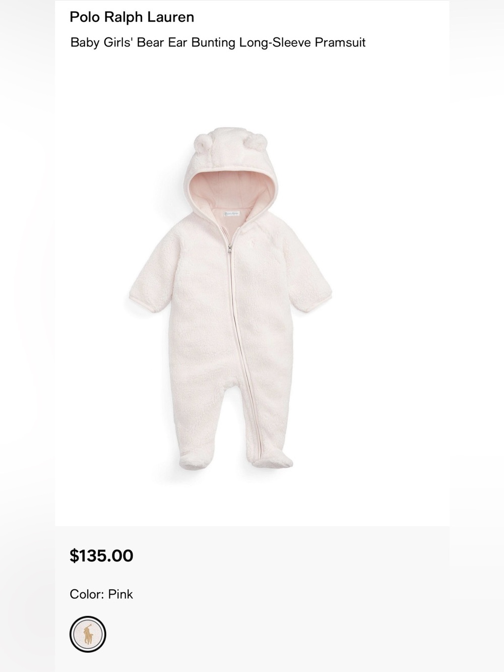 Ralph Lauren Baby One-Piece Pink Bear-Ear Footie Bunting